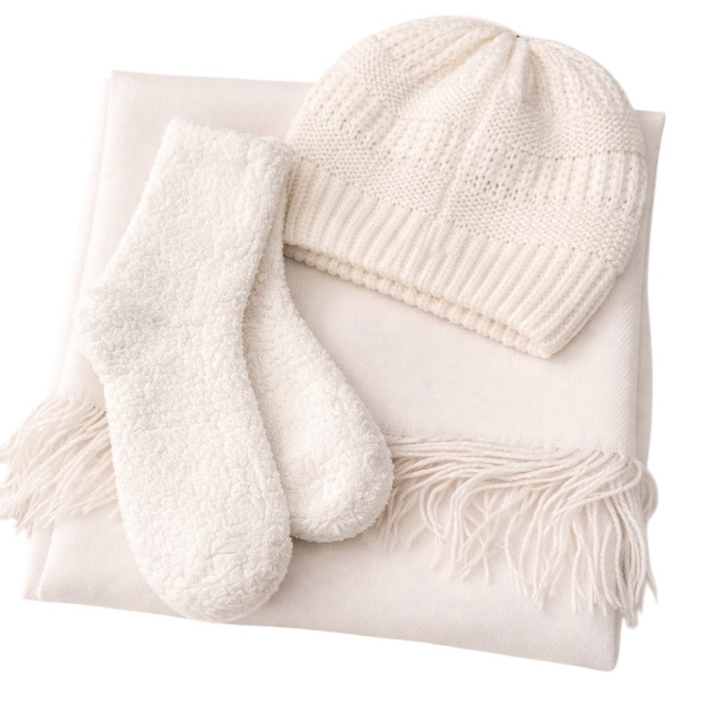 NWT Sonoma Winter Accessory Bundle Polar Beige Hat Scarf Fuzzy Socks Cozy
